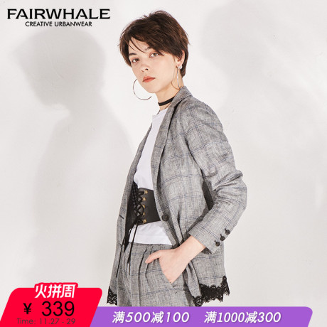 马克华菲女装2018冬季新款蕾丝拼接韩版格子小西装西装外套修身商品大图