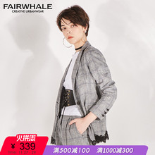 马克华菲女装2018冬季新款蕾丝拼接韩版格子小西装西装外套修身图片