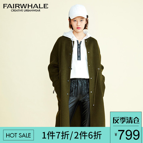 马克华菲女装2018冬新款中长款军绿双面毛呢大衣风衣外套女韩版商品大图