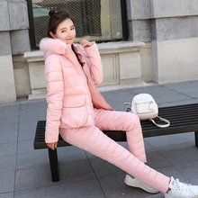 套装 加厚修身 2018冬季新款 女装 短款 羽绒棉服大码 棉衣两件套真毛领