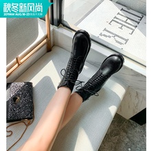 复古ins网红机车短靴真皮系带军靴 ANN马丁靴女中筒英伦风2019新款