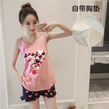 带胸垫大码 背心睡衣短袖 套装 睡裙家居服可爱短裤 夏季少女士棉无袖