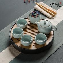 宁不凡汝窑茶具套装茶壶茶杯一壶二两杯四杯办公家用简约茶具豆青