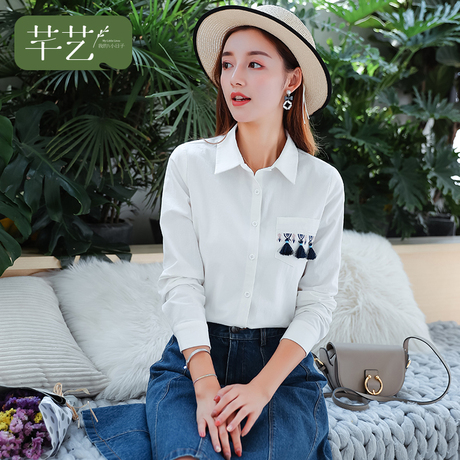 chic早秋衬衫女2018新款韩版小清新长袖上衣纯棉白色衬衣女装商品大图