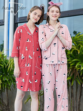 秋鹿2019纯棉七分袖 女士睡裙中裙春夏季薄款 开衫 卡通家居服连衣裙