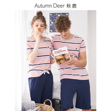 夏季情侶純棉睡衣簡約薄款 男女家居服套裝 秋鹿新品 條紋短袖 短褲
