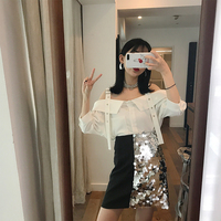 RIKAROOM ulzzang拼接高腰亮片半身裙夏女2018新款ins短裙A字裙子