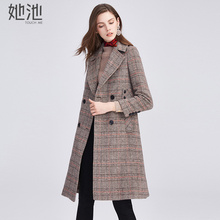 她池2018秋装新款女装韩版翻领格子长袖宽松双排扣外套T83Z1679图片