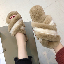 2018新款秋冬季韩版毛绒家居拖鞋女平底交叉舒适保暖棉鞋女室内