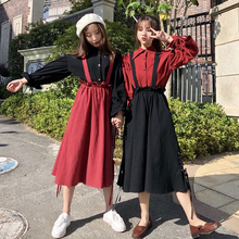 早秋新款 背带半身裙时尚 韩版 套装 中长款 上衣 复古甜美系带衬衫