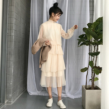 气质甜美蕾丝花边泡泡袖 韩版 春季新款 网纱连衣裙女百搭纯色中长裙