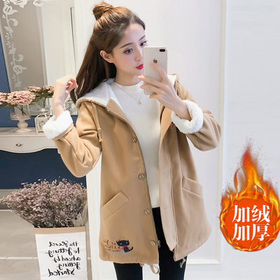 新款学生宽松棒球服2018冬季韩版加绒连帽毛呢外套中长款保暖卫衣