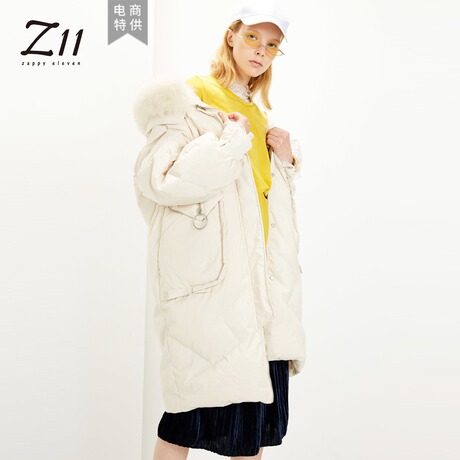 Z11女装2018冬新款韩版宽松显瘦保暖加厚大毛领中长款连帽羽绒服商品大图