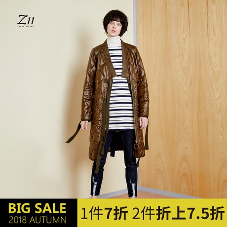 z11女装秋款轻薄纯色菱形格纹中长款长袖棉服外套Z17CU536商品大图