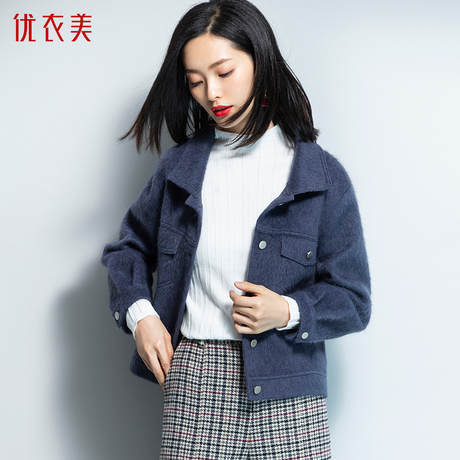 优衣美女装外套秋女2018新款韩版宽松冬天保暖毛绒短外套16399商品大图