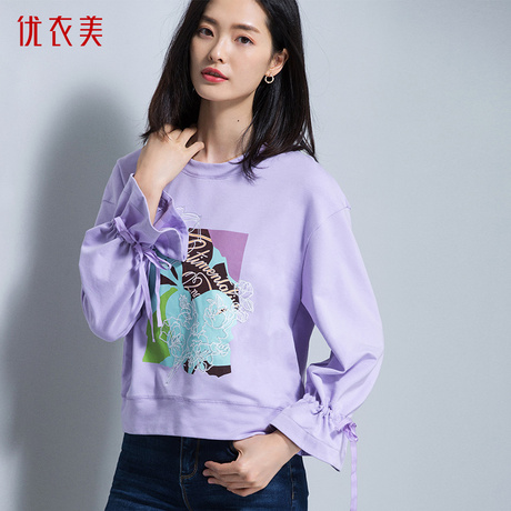 优衣美卫衣2018新款女长袖韩版宽松秋冬季圆领套头绑带绒衫T3808T商品大图