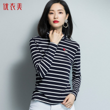 优衣美2018新款纯棉条纹长袖t恤女秋冬季绣花立领修身显瘦T12588T图片