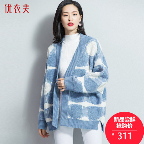 优衣美毛衣外套女韩版2018新款针织衫女长袖秋冬加厚中长款T16408商品大图
