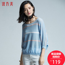 优衣美女装2018秋季新款圆领套头蝙蝠衫条纹宽松女士针织衫14340图片