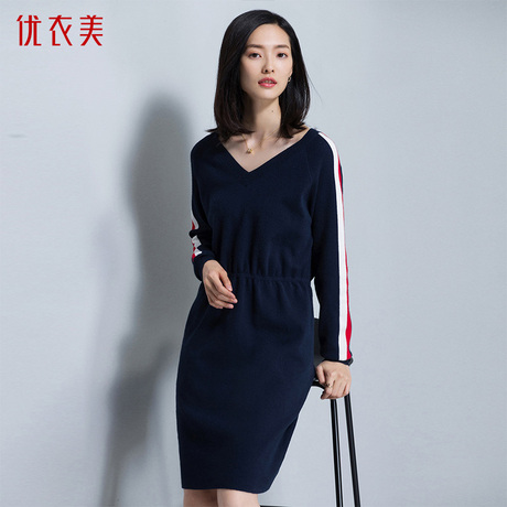 优衣美秋季裙子女2018新款韩版中长款女式长袖连衣裙一步裙l32925商品大图