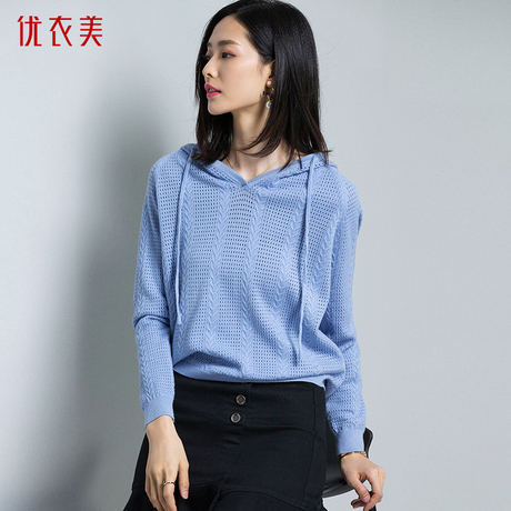 优衣美女士针织衫长袖2018新款女秋装韩版时尚连帽休闲上衣14359T商品大图