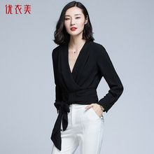 优衣美女装时尚上衣秋款2018新款黑色性感V领休闲衬衫女13301图片