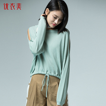 优衣美女装2018秋季新品镂空肩灯笼袖短款系带宽松针织衫14342图片