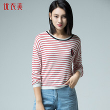 优衣美女装2018秋季新品条纹长袖直筒针织衫圆领绣花上衣女14339图片