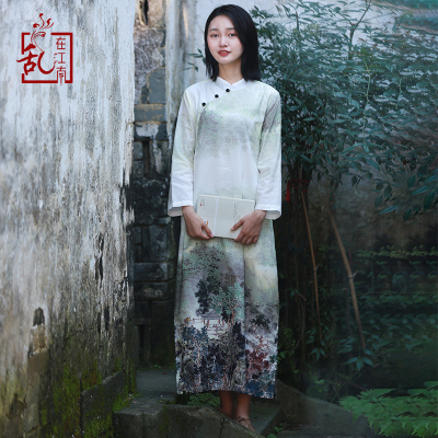 乱在江南复古民族风改良旗袍苎麻裙子女2018新款中长款棉麻连衣裙