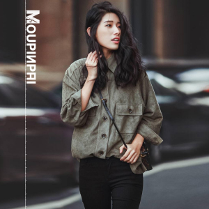 欧美风麂皮绒口袋衬衫