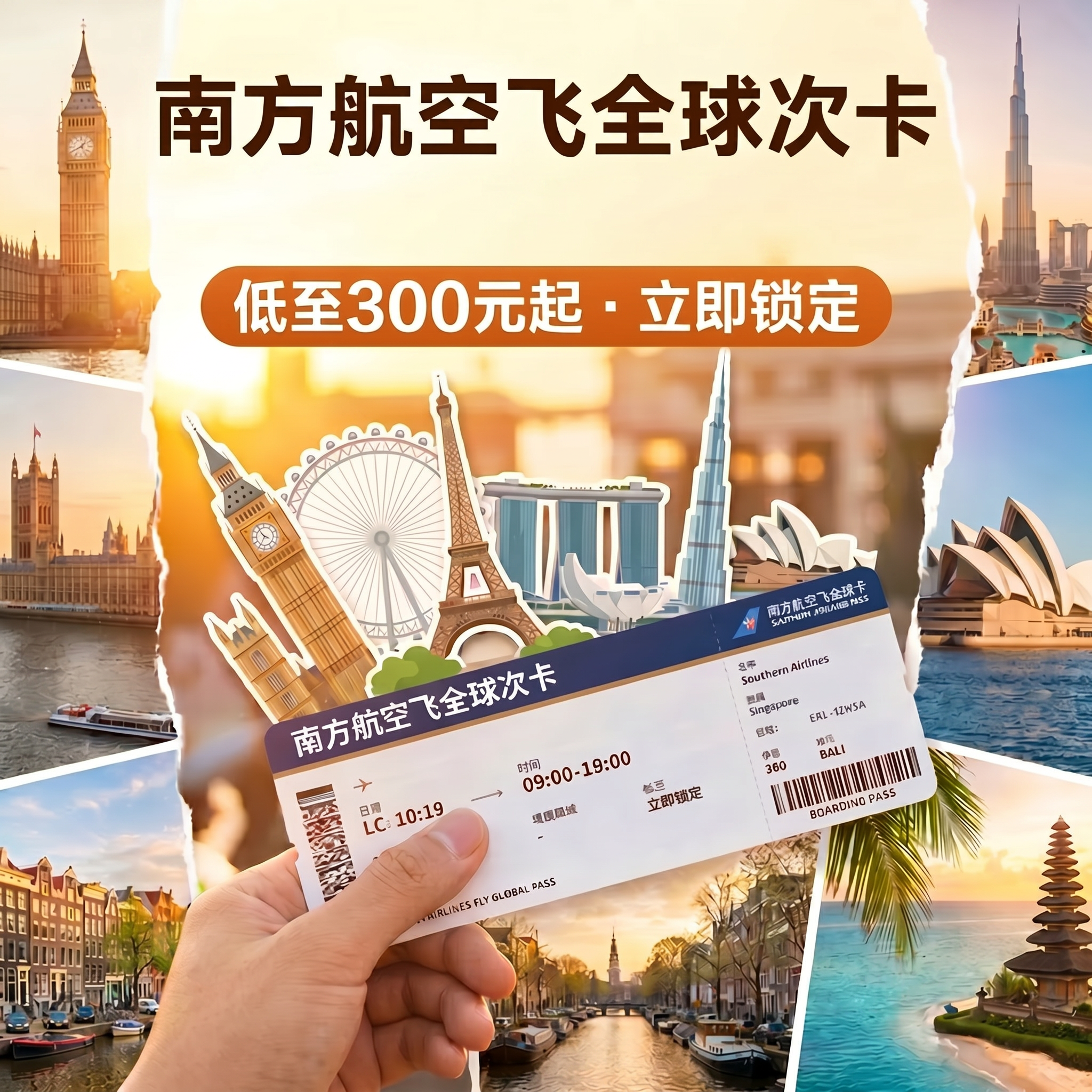 南航飞全球单人经济舱往返不含税次卡