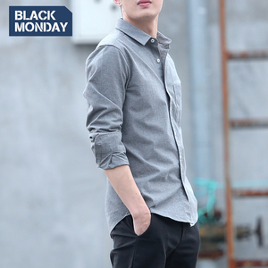 衬衫男士长袖青少年纯棉纯色磨毛衬衣春夏休闲学生修身韩版潮寸衫