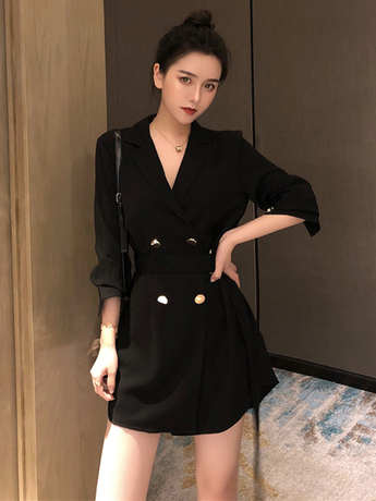 小西装女秋装2018新款女装韩版长袖休闲外套气质双排扣中长款上衣商品大图
