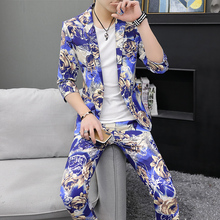 套装 时尚 七分袖 小西装 薄款 修身 印花中袖 韩版 夏季男士 西服三件套