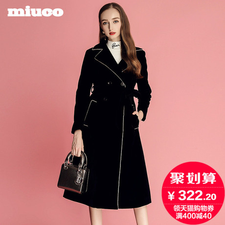 miuco女装2018秋季新西装翻领双排扣时尚百搭中长款植绒风衣外套商品大图