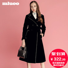 miuco女装2018秋季新西装翻领双排扣时尚百搭中长款植绒风衣外套图片