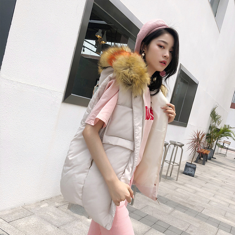 女式马甲大毛领中长款大码秋冬韩版修身羽绒棉马夹棉衣棉服女装潮商品大图
