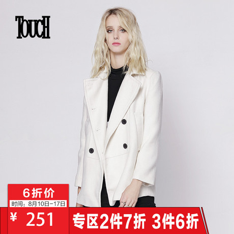 TOUCH女装羊毛呢子大衣韩版宽松双排扣毛领长袖加厚毛呢外套女商品大图