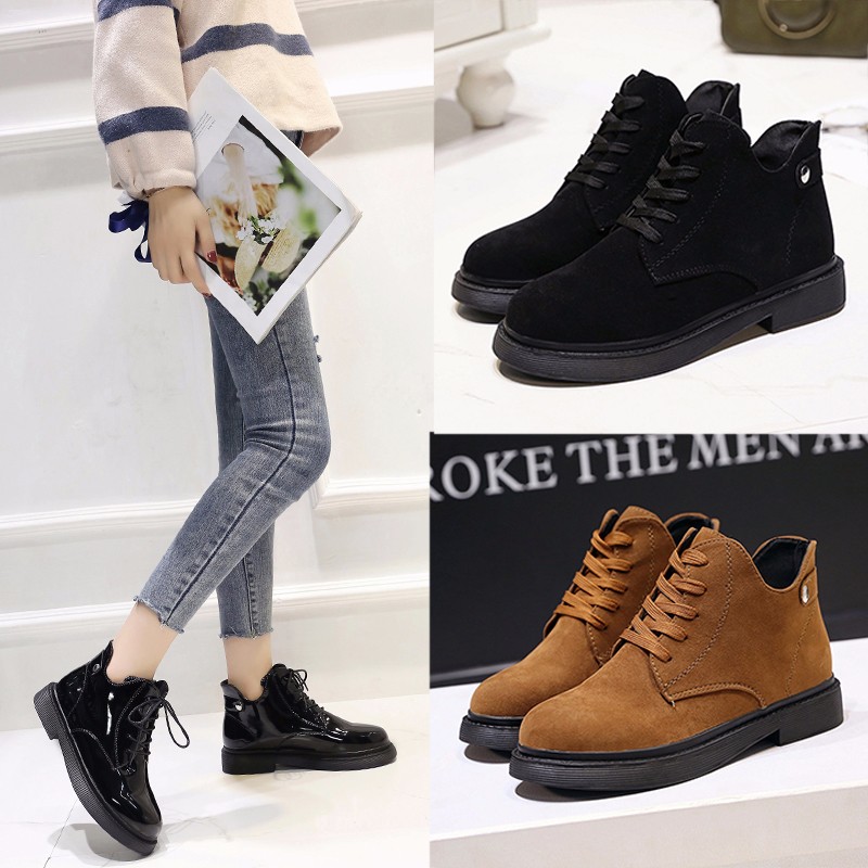 2018 Winter New Little Leather Shoes Women's Single Shoes Plush Korean Edition Student Shoes Martin Flat Heel Lace up British Style Shoes