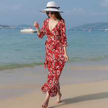 V领花色修身 夏季连衣裙219 七分袖 酷伽新品 优雅中长款 时尚 4.22