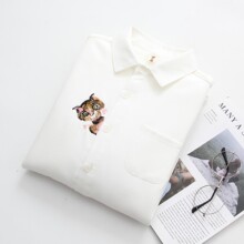 2018冬装韩版门襟猫头刺绣加绒加厚长袖白衬衫女装简约保暖上衣图片