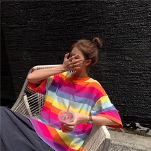 彩色条纹上衣可爱女孩彩虹短袖 T恤女半袖 网红ins超火韩版 小九家