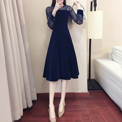 丝绒连衣裙秋装女2018新款中长款名媛小香风长袖打底裙秋冬季韩版