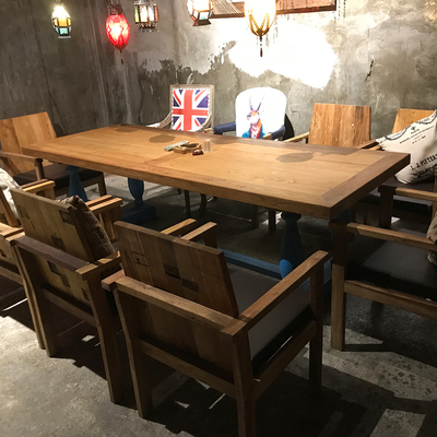 老榆木家具漫咖啡桌椅咖啡厅复古实木餐桌做旧老门板6人8人餐桌子网上商城