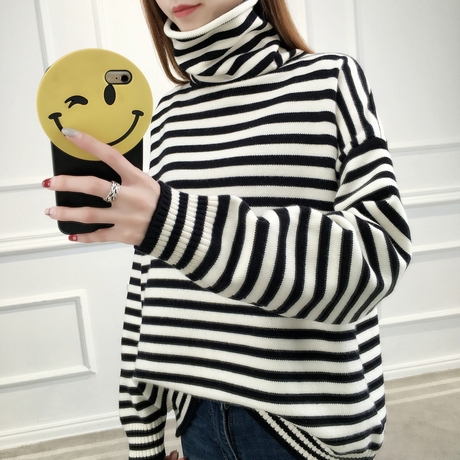 2018秋冬新款韩版女装高领毛衣慵懒风宽松套头长袖条纹针织打底衫商品大图