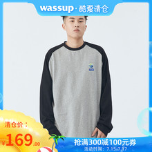 WASSUP新品2019春季双色拼接夏日长袖t-shirt圆领刺绣宽松潮牌t恤