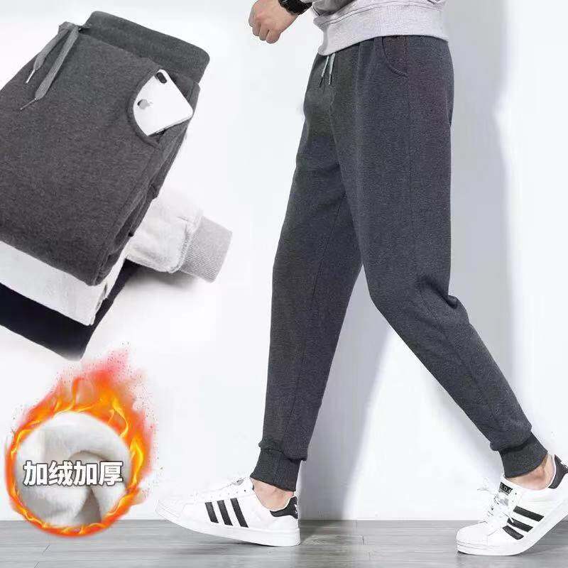 Men's plush sports pants for autumn and winter, loose and thick sanitary pants with a closed loop and leggings, men's Korean version trendy casual small feet