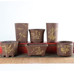 多肉花盆红陶紫砂壶纯手工大陶瓷椭圆方形古典迷你小描金满10包邮