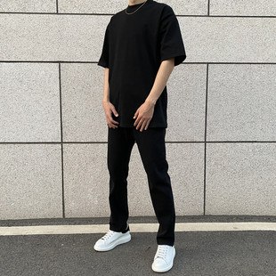 黑色弹力牛仔直筒裤
