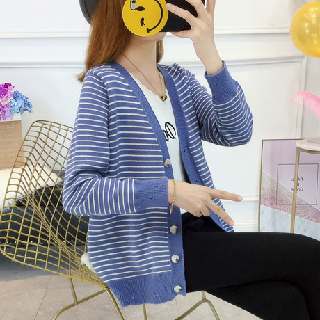 春秋装新款毛衣外套女装慵懒风韩版宽松条纹短款针织开衫学生衣服商品大图